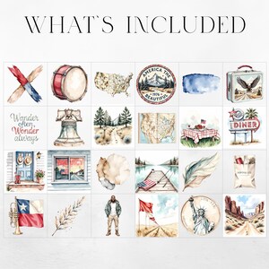 May include: Watercolor illustrations of American-themed objects, including a drum, a map of the USA, a lunchbox with an eagle, a diner sign, and the Statue of Liberty. The text "WHAT'S INCLUDED" is at the top.