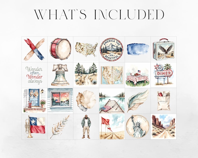 May include: Watercolor illustrations of American-themed objects, including a drum, a map of the USA, a lunchbox with an eagle, a diner sign, and the Statue of Liberty. The text "WHAT'S INCLUDED" is at the top.