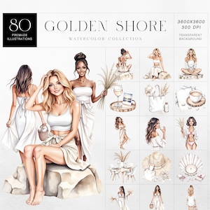 Bundle de cliparts aquarelle Golden Shore Beach, 80 images de femme Boho de l'été, Illustration de mode côtière, tons neutres, usage Commercial