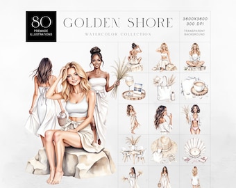 Boho Beach Girl Clipart Kit, Golden Shore Coastal Summer Watercolor Set