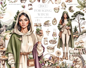 Foraging Witch Watercolor Clipart Bundle, 160 Transparent Woodland PNGs