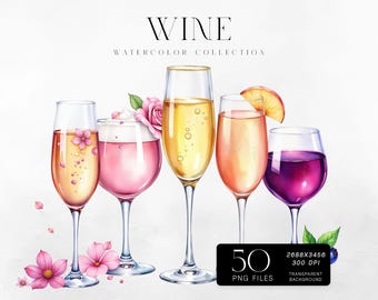 Watercolor Wine Glass Clipart | Elegant Drinks PNG Bundle (Commercial Use)
