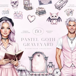 Pastel Goth Watercolor Clipart Set, 130 Alternative Aesthetic Illustrations for Spooky Cute Designs, Emo Kawaii Branding, Commercial Use