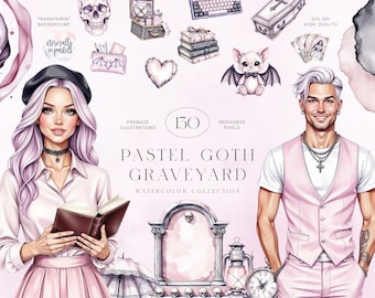 Conjunto de imágenes prediseñadas de acuarela estilo gótico pastel, ilustraciones kawaii espeluznantes
