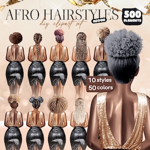 Pacchetto di clipart di acconciature afro, elementi aggiuntivi fai da te, 500 opzioni per capelli, 10 stili, 50 colori, set di illustrazioni di moda digitale