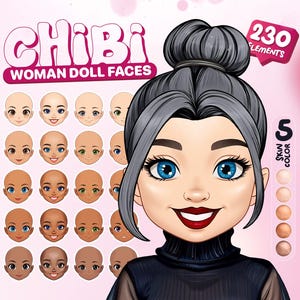 May include: Digital artwork showing a cartoon woman with blue eyes, dark hair, and a black turtleneck. The image includes the text "Chibi Woman Doll Faces" and displays various doll face options with different skin tones and eye colours. A pink background.