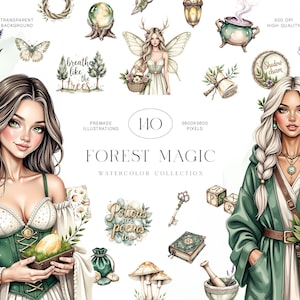 Könnte beinhalten: Aquarellillustrationen mit dem Thema Waldmagie. Das Bild zeigt zwei Frauen, Feen und verschiedene magische Elemente wie Tränke, eine Kristallkugel und einen Schlüssel. Der Text enthält "Forest Magic" und "Potions are poems too."