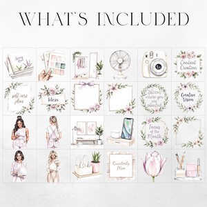 May include: A digital art print with the text "WHAT'S INCLUDED" at the top. The image features a grid of watercolor illustrations, including books, frames, a camera, and women. The illustrations are in soft pastel colors.