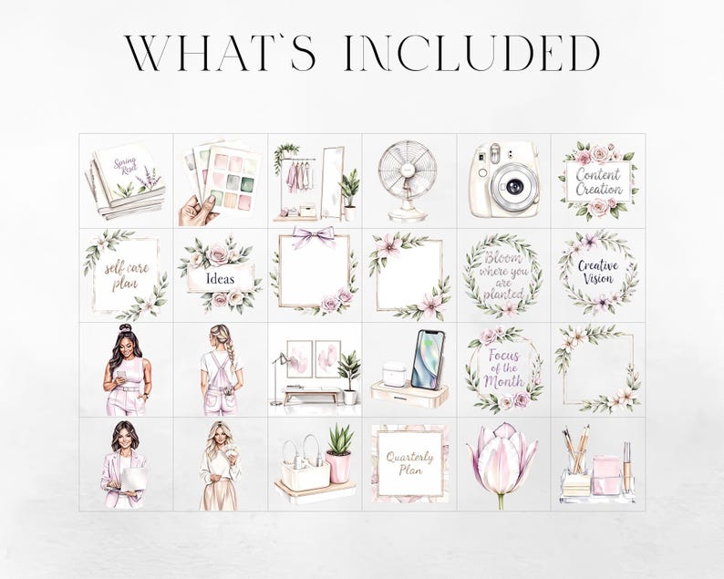 May include: A digital art print with the text "WHAT'S INCLUDED" at the top. The image features a grid of watercolor illustrations, including books, frames, a camera, and women. The illustrations are in soft pastel colors.