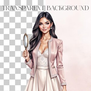 Puede incluir: Ilustraci&oacute;n de una mujer con chaqueta y vestido rosa, sosteniendo un espejo con marco dorado. La imagen tiene un fondo transparente con el texto "TRANSPARENT BACKGROUND" en la parte superior. La mujer tiene cabello largo y oscuro y est&aacute; sonriendo.