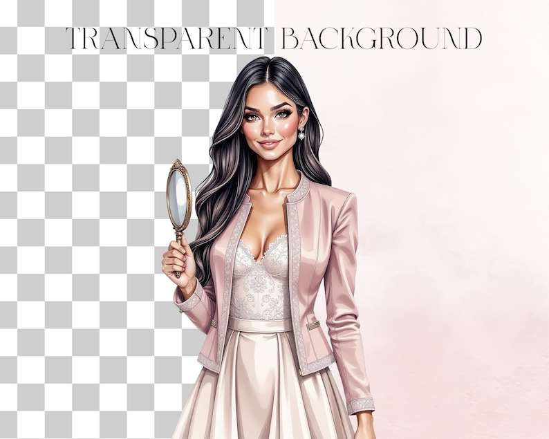 Puede incluir: Ilustraci&oacute;n de una mujer con chaqueta y vestido rosa, sosteniendo un espejo con marco dorado. La imagen tiene un fondo transparente con el texto "TRANSPARENT BACKGROUND" en la parte superior. La mujer tiene cabello largo y oscuro y est&aacute; sonriendo.