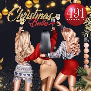 Weihnachten Besties Clipart Bundle, Festliche Mädchen Digital Art, 491 Elemente, anpassbare PNG-Dateien, kommerzielle Lizenz