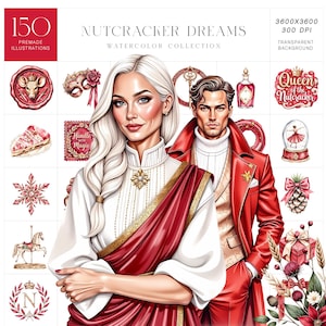 May include: A digital watercolor collection titled "Nutcracker Dreams" featuring 150 premade illustrations. The artwork includes portraits of a woman and a man, along with various festive elements in red and gold, such as a snow globe and a gift box.