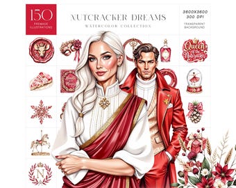 Puede incluir: Una colección digital de acuarelas titulada "Nutcracker Dreams" con 150 ilustraciones prefabricadas. La obra de arte incluye retratos de una mujer y un hombre, junto con varios elementos festivos en rojo y dorado, como una bola de nieve y una caja de regalo.