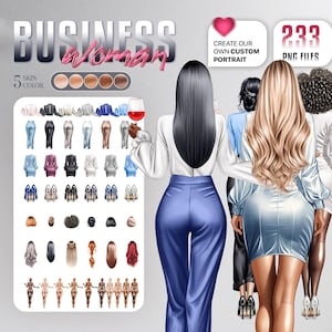 Clipart de retrato personalizado de mulher de negócios, 233 arquivos PNG, retratos profissionais de mulheres com 5 tons de pele, roupas e penteados