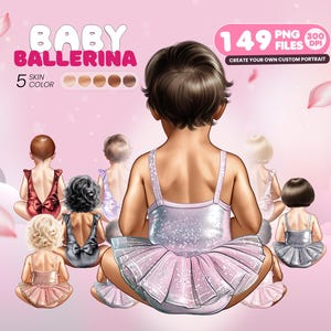 Conjunto de imágenes prediseñadas de bailarina bebé, retrato digital personalizable de bebé, 5 opciones de tono de piel, archivos PNG de vestido de ballet con purpurina, gráficos de 300 DPI