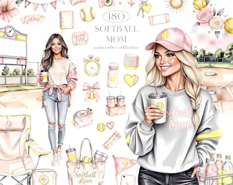Softball Mom Watercolor Clipart Bundle, 180 Transparent Game Day PNGs