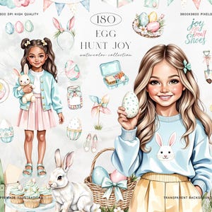 Puede incluir: Ilustraciones en acuarela con temática de Pascua. La imagen incluye dos niñas, una sosteniendo un conejito y la otra un huevo. Otros elementos incluyen huevos de Pascua, cestas, cupcakes y el texto "EGG HUNT JOY".