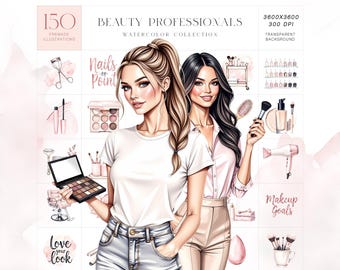 Beauty Salon Clipart Kit, Makeup Artist Skincare Watercolor Set