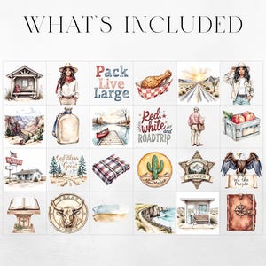 May include: Watercolor illustrations of various Americana and travel-themed elements. Includes images of a cabin, a woman in a cowboy hat, a fried chicken, a desert road, a lake with a canoe, a motel, a bible, a bull, and more. Text includes "Pack Live Large" and "Red, white, and Roadtrip."