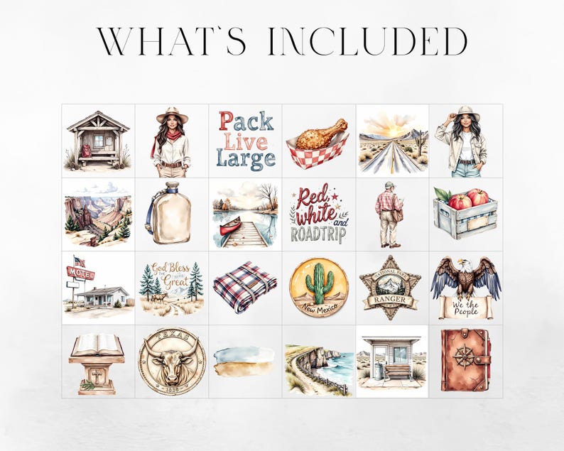 May include: Watercolor illustrations of various Americana and travel-themed elements. Includes images of a cabin, a woman in a cowboy hat, a fried chicken, a desert road, a lake with a canoe, a motel, a bible, a bull, and more. Text includes "Pack Live Large" and "Red, white, and Roadtrip."