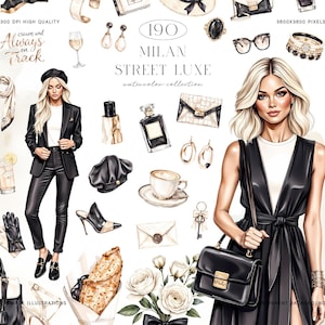 Può includere: Illustrazioni ad acquerello di accessori moda e una donna in nero. L'immagine include borse, gioielli, flaconi di profumo, un basco e una tazza di caffè. Il testo recita "MILAN STREET LUXE" e "Always on Track."