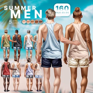 Sommer Männer DIY Porträt Clipart, 160 PNG-Dateien mit 5 Hautfarben, Strand Sommer Outfit Illustration, anpassbares Digital Art Set