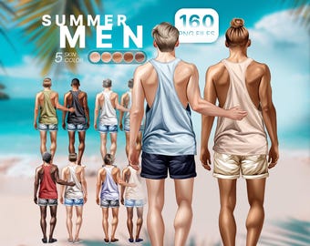 May include: A group of 8 men wearing tank tops and shorts standing on a beach. The men are facing away from the camera. The text "SUMMER MEN" and "160 PNG FILES" is visible at the top of the image. There are 5 skin color options shown below the text.