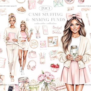 May include: Watercolor illustration featuring two women and various financial planning elements. The image includes text that reads "Cash Stuffing & Sinking Funds" and "Budget Like a Baddie". The color palette is soft pink and white.