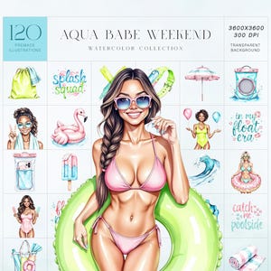 Aqua Babe zomer clipartset, aquarel poolparty girl, floaties, snacks, schattige meisjes en zomerenergie, commercieel gebruik