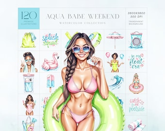 Pool Party Clipart Kit, Summer Girls Pool Float Watercolor Illustration Set