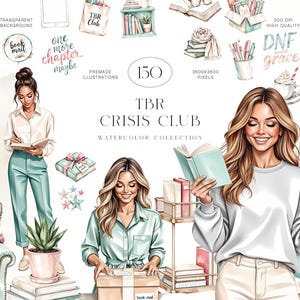 Puede incluir: Ilustraciones en acuarela con temática de lectura. Las imágenes muestran mujeres con libros, escribiendo y abriendo paquetes. El texto incluye "TBR Crisis Club" y "book mail". Las ilustraciones son de estilo acuarela suave.