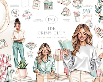 Gezellige aquarelboek-clipartset met kinderachtige illustraties en leeselementen