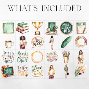 May include: Watercolor illustrations of school and office supplies, including books, a trophy, a coffee cup, and a notepad. The text includes "What's Included", "Work Hard Dream Big", "Smart Minds Grow Here", "Books Coffee Chall", "Teach Change Inspire", "Back to School", "Coffee and Lesson Plans", and "Love to Teach".