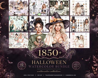 Halloween Watercolor Clipart Mega Bundle Vol. 2, 1850 Transparent PNGs, 12 Collections