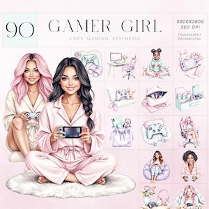 Gamer Girl Clipart Bundle, Pastel Pink Gaming PNG Set, Cute Streamer & Tech Illustrations