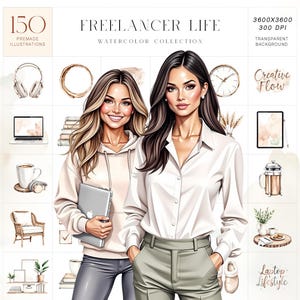 May include: Watercolor illustration titled "Freelancer Life" featuring two women and various freelance-related items. The image includes a laptop, coffee cup, headphones, and the text "150 Premade Illustrations". The background is transparent.