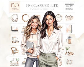 Freelancer Clipart Kit, Remote Work Digital Nomad Watercolor Set