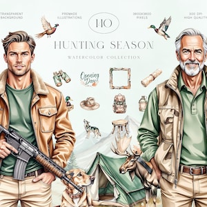 Może przedstawiać: Kolekcja akwareli "Hunting Season" z ilustracjami mężczyzn, sprzętu myśliwskiego i dzikiej przyrody. Zawiera mężczyznę z karabinem, psa i akcesoria myśliwskie. Widoczny jest również tekst "Opening Day".