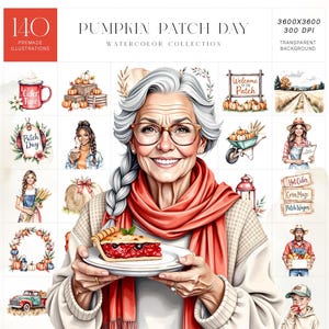 Può includere: Illustrazioni ad acquerello a tema campo di zucche. L'immagine presenta una donna che tiene in mano una fetta di torta, circondata da immagini di zucche, scene autunnali e testo che recita "Pumpkin Patch Day" e "140 Premade Illustrations".