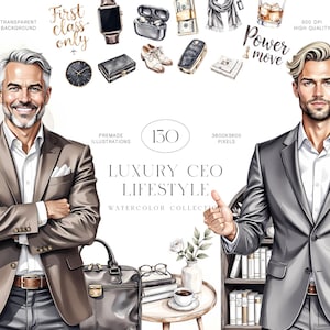 Può includere: Illustrazione ad acquerello intitolata "Luxury CEO Lifestyle" con due uomini in abito, con oggetti di lusso come orologi, scarpe e una valigetta. È incluso anche il testo "First class only" e "Power move".