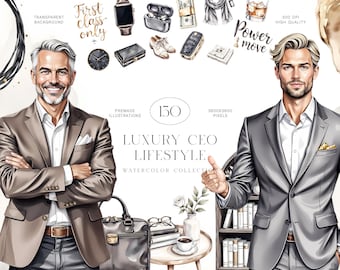 Kit di clipart per CEO di lusso, set di acquerelli per ufficio da uomo d'affari