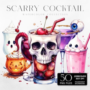 Pacchetto di clipart di bevande di Halloween, 50 cocktail acquerellati spettrali con fantasmi, teschi e bulbi oculari, per uso commerciale