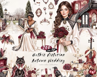 Gothic Victorian Autumn Wedding Watercolor Clipart Bundle, 200 Transparent PNGs