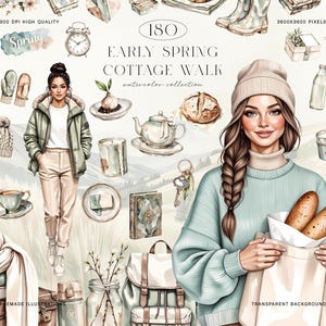 May include: A watercolour illustration with a woman in a light blue sweater holding a tote bag with bread. The image includes a woman in a green jacket, a teapot, a clock, and the text "Early Spring Cottage Walk".