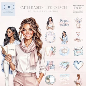 Ensemble de cliparts pour coach de vie confessionnel, coaching aquarelle, énergie féminine, calme intentionnel et équilibre gracieux, usage commercial