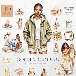 Gouden camping clipartset, aquarel buiten meisjes, bosmode, marshmallows, kampvuur, tenten en bergen, commercieel gebruik