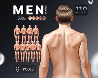 Può includere: Un set di 110 illustrazioni digitali di corpi maschili in 9 pose diverse e 5 tonalità di pelle. Le immagini sono in formato PNG.