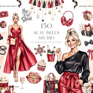 May include: Watercolor collection titled "Slay Bells Studio" featuring illustrations of a woman in a red dress, gifts, champagne, and accessories. The image includes text that says "Pop, Fizz, Shine" and "Glam goals only".