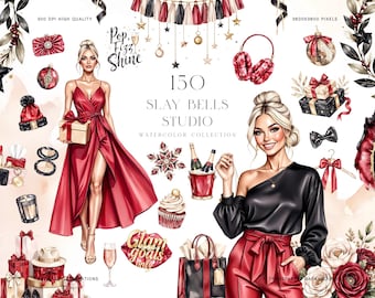 May include: Watercolor collection titled "Slay Bells Studio" featuring illustrations of a woman in a red dress, gifts, champagne, and accessories. The image includes text that says "Pop, Fizz, Shine" and "Glam goals only".